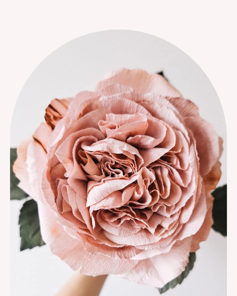 róża ogrodowa z papieru krepowego wykonana ręcznie, któa wygląda jak żywa