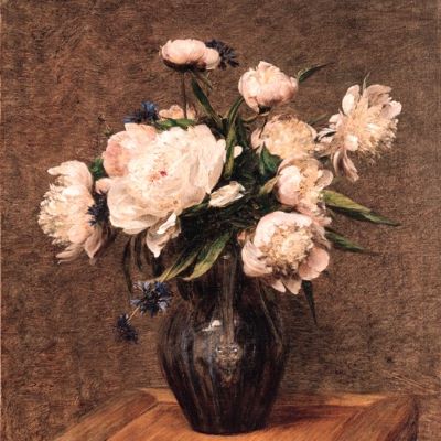 obraz przedstawiający jasnoróżowe piwonie w wazonie