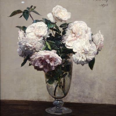 Henri Latour i jeden z jego licznych obrazów przedstawiający białe róże