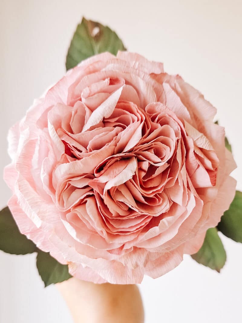 papierowa , jasnoróżowa róża, któa wygląda jak żywa